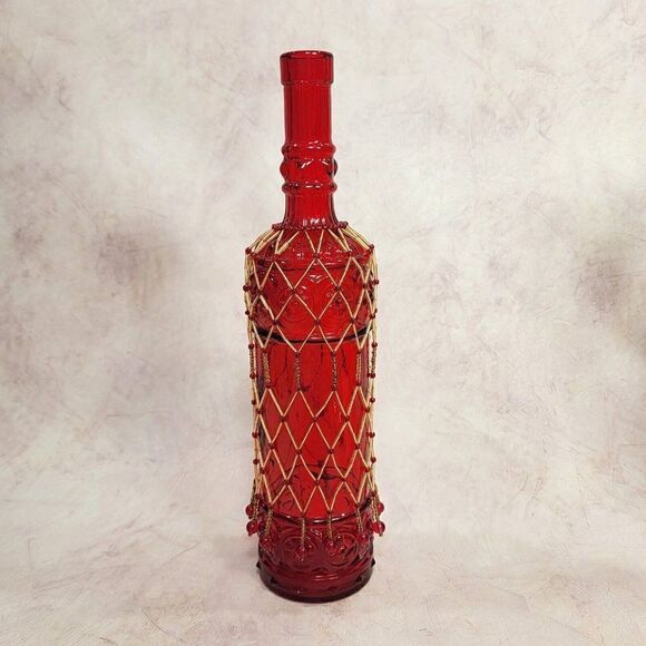Vtg Red 12.75" Tall Glass Bottle w Hand Beaded Detailing - Picture 1 of 10